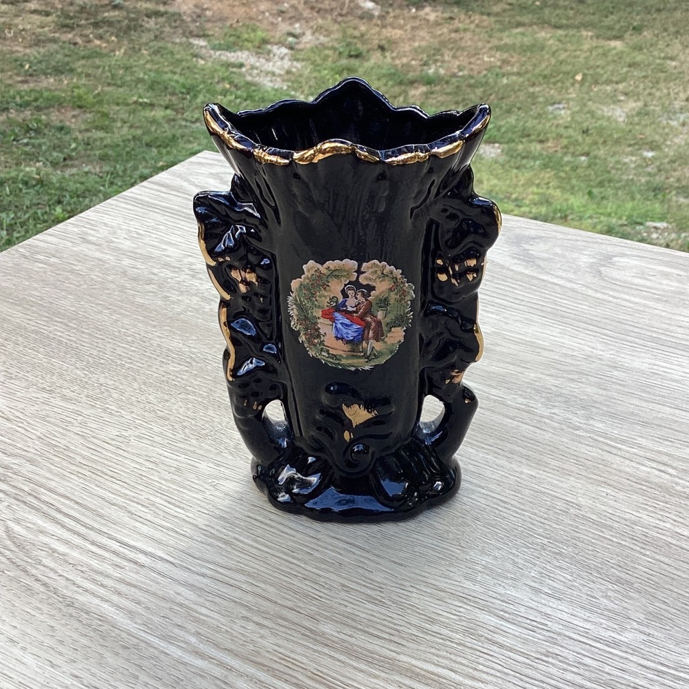 Vintage Black Ceramic Vaseโ with Romantic Scene and Gold Trim